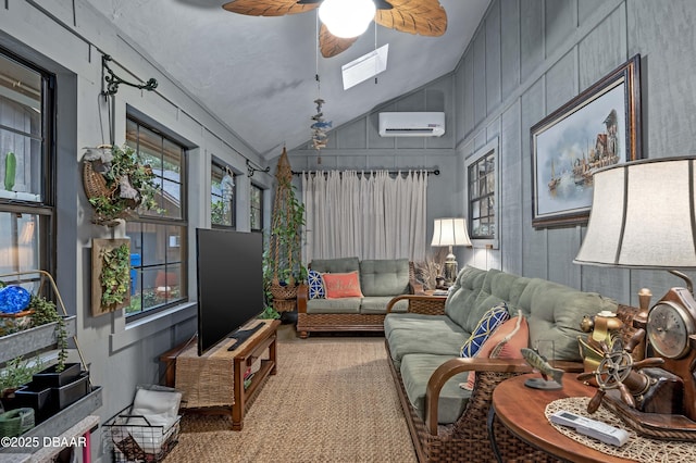 living room featuring carpet floors, a wall mounted AC, lofted ceiling, and ceiling fan