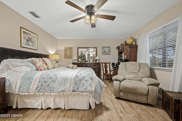 bedroom featuring a textured ceiling, light hardwood / wood-style floors, and ceiling fan