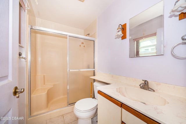 355 Palm Cir, Flagler Beach, FL 32136 - full bathroom with a stall shower, vanity, toilet, and tile patterned flooring