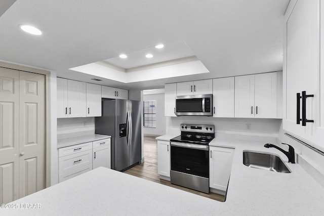 kitchen with a sink, white cabinetry, appliances with stainless steel finishes, light countertops, and a raised ceiling