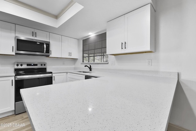 kitchen with a sink, stainless steel appliances, a peninsula, and white cabinets