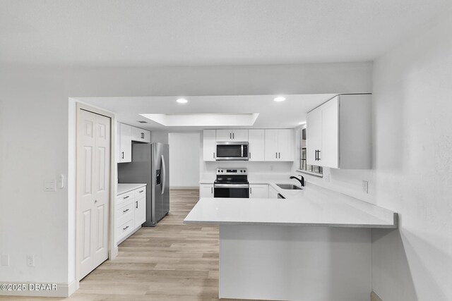 kitchen featuring a sink, a tray ceiling, light wood-style floors, appliances with stainless steel finishes, and a peninsula