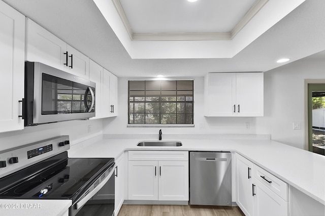 kitchen with light countertops, white cabinets, stainless steel appliances, a raised ceiling, and a sink