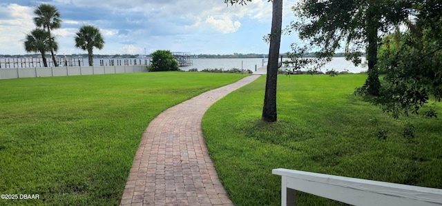 view of property's community featuring a water view and a yard