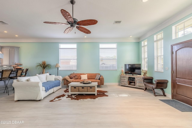 living room with light hardwood / wood-style floors and ceiling fan