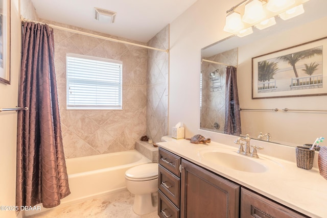 full bathroom featuring vanity, toilet, and shower / bathtub combination with curtain