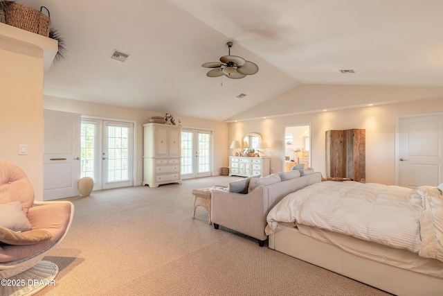 carpeted bedroom with access to exterior, french doors, vaulted ceiling, and ceiling fan