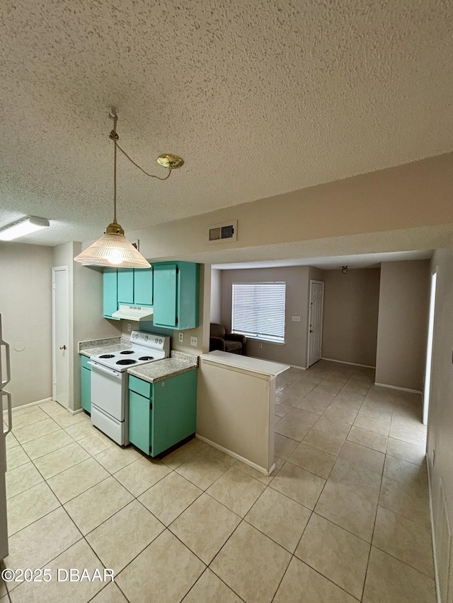 kitchen featuring light countertops, white electric range, visible vents, green cabinets, and light tile patterned flooring