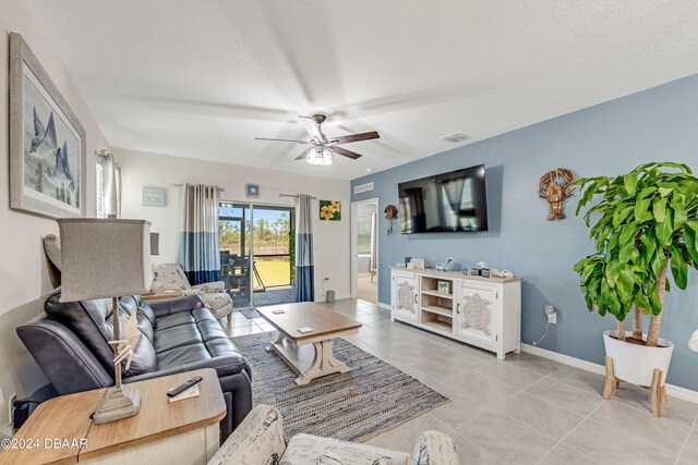 1362 Cork Dr, Ormond Beach, FL 32174 - living room with ceiling fan, light tile patterned flooring, and baseboards