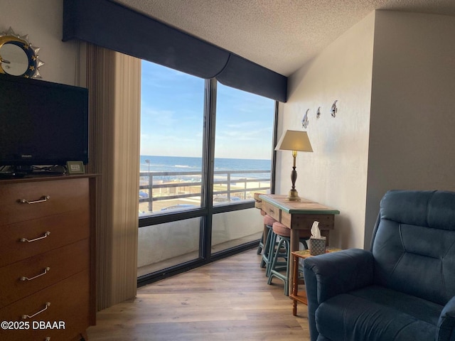 sitting room featuring a water view, light wood finished floors, a textured ceiling, and a view of the beach