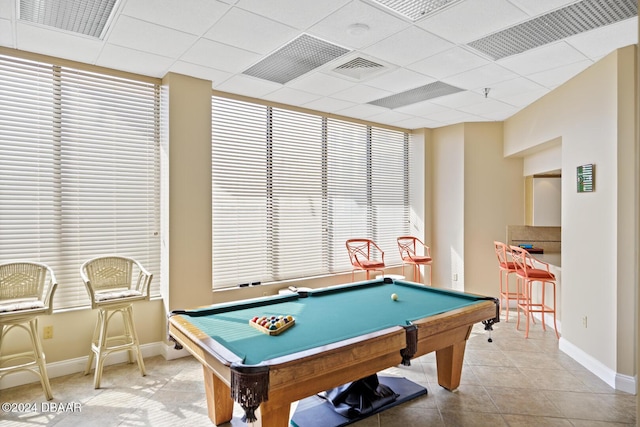 recreation room with a paneled ceiling, pool table, and visible vents