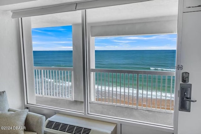 doorway to outside featuring plenty of natural light, a water view, and a beach view