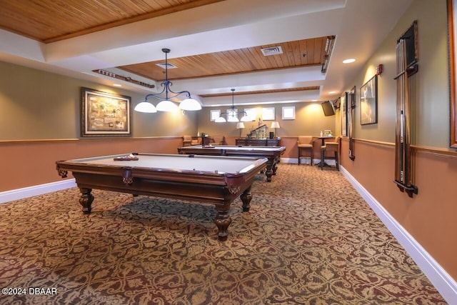 playroom featuring bar area, wooden ceiling, pool table, and a tray ceiling