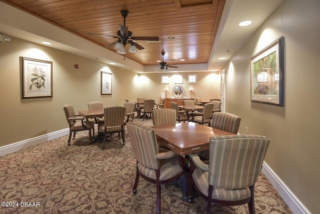 dining area featuring ceiling fan and wooden ceiling