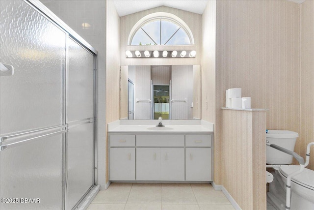 744 Hawks Ridge Rd, Port Orange, FL 32127 - bathroom featuring vanity, a stall shower, tile patterned floors, and lofted ceiling