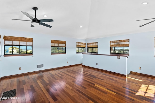 3726 S Atlantic Ave, New Smyrna Beach, FL 32169 - unfurnished room featuring ceiling fan, healthy amount of natural light, hardwood / wood-style flooring, vaulted ceiling, and recessed lighting