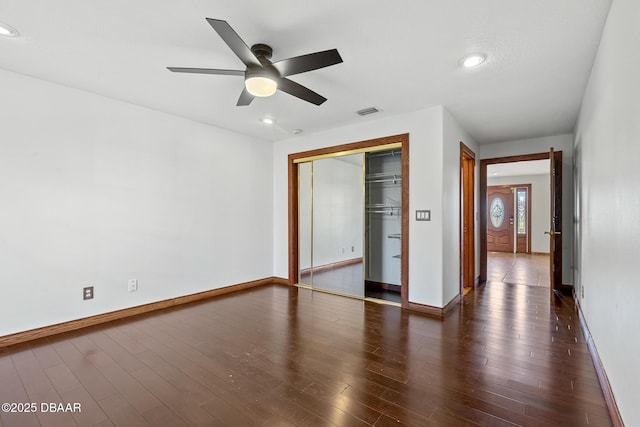 3726 S Atlantic Ave, New Smyrna Beach, FL 32169 - unfurnished bedroom featuring a closet, wood finished floors, recessed lighting, and ceiling fan