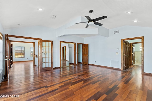 3726 S Atlantic Ave, New Smyrna Beach, FL 32169 - empty room featuring vaulted ceiling, french doors, dark wood finished floors, a ceiling fan, and recessed lighting