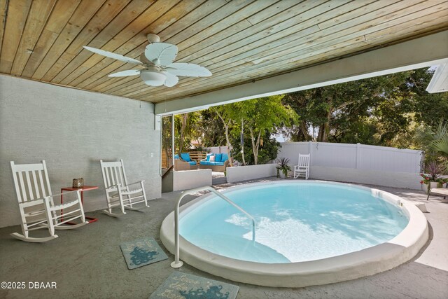 326 Flushing Ave, Daytona Beach, FL 32118 - view of swimming pool featuring an outdoor living space, a fenced backyard, ceiling fan, and a patio area