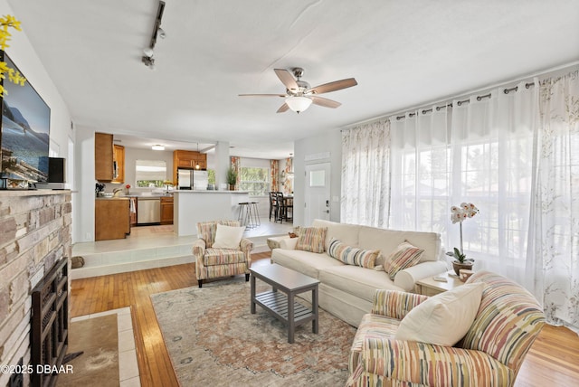 326 Flushing Ave, Daytona Beach, FL 32118 - living room with ceiling fan, light wood finished floors, and rail lighting