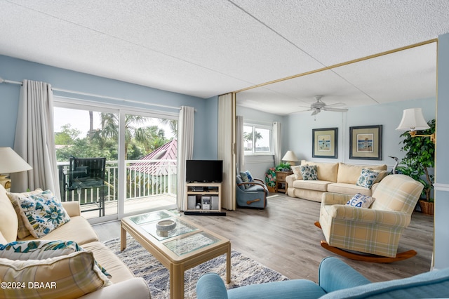 living room with ceiling fan, wood-type flooring, and a textured ceiling