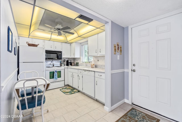 kitchen with white cabinetry, ceiling fan, a textured ceiling, backsplash, and white appliances