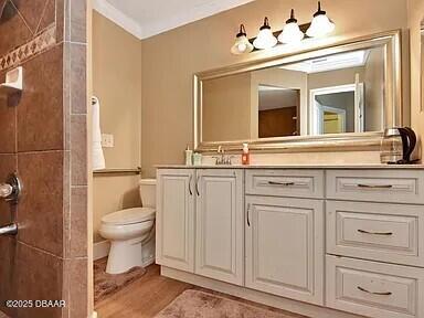 bathroom with vanity, hardwood / wood-style floors, a shower, and toilet