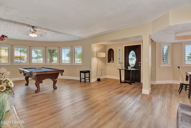 playroom with ceiling fan, pool table, and light wood-type flooring