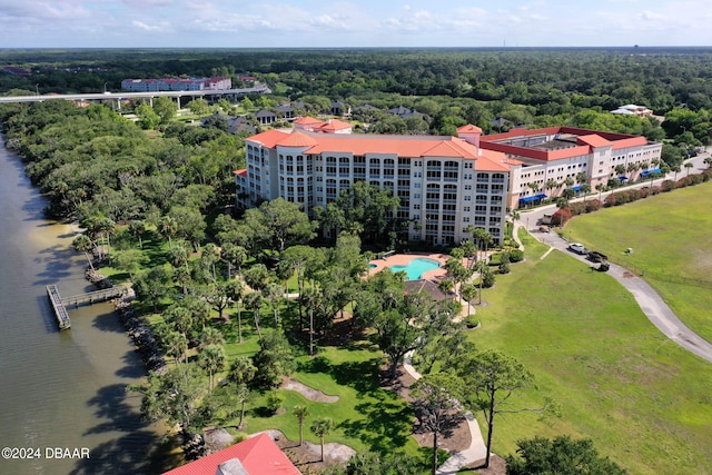 aerial view featuring a water view