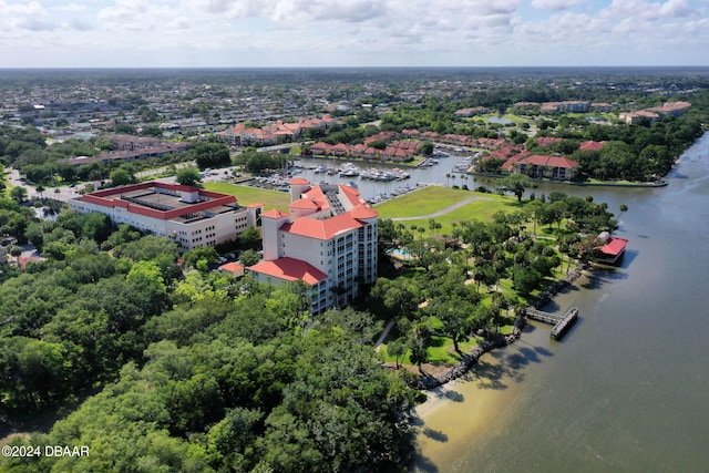 birds eye view of property featuring a water view