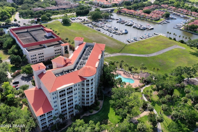 drone / aerial view featuring a water view