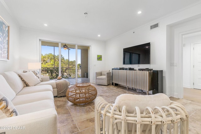 146 Palm Coast Resort Blvd Unit 409, Palm Coast, FL 32137 - living area featuring ornamental molding, recessed lighting, a ceiling fan, and baseboards