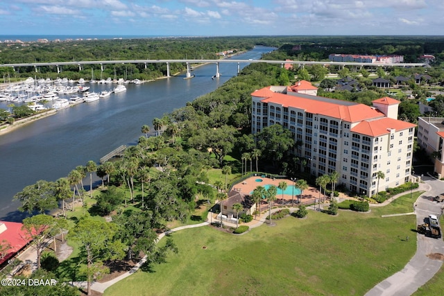 bird's eye view with a water view