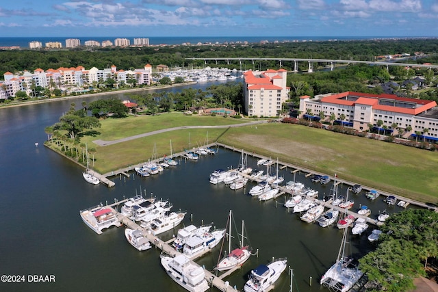 bird's eye view with a water view