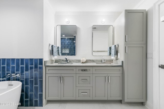 bathroom with plus walk in shower, vanity, and ornamental molding