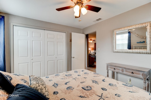 bedroom featuring ceiling fan and a closet