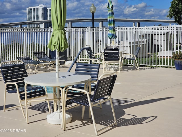 view of patio / terrace with a water view