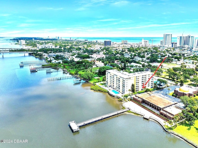 aerial view featuring a water view