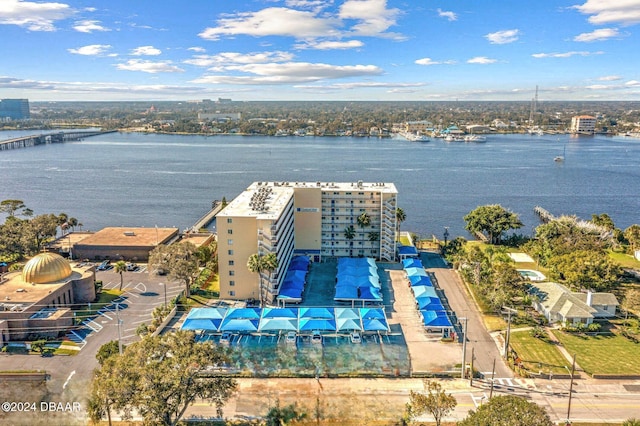 aerial view featuring a water view