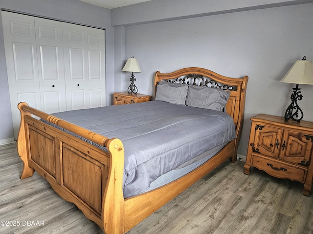 bedroom featuring hardwood / wood-style floors and a closet