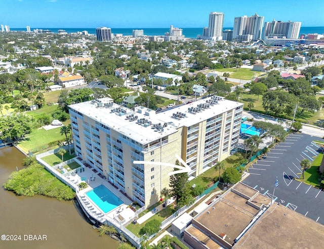 bird's eye view with a water view