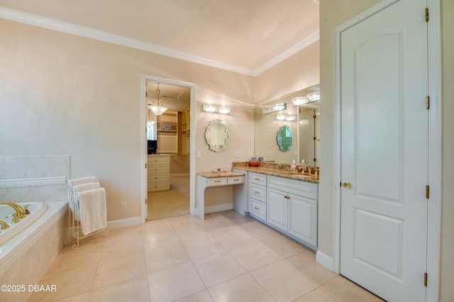 bathroom featuring vanity, crown molding, a garden tub, and tile patterned floors