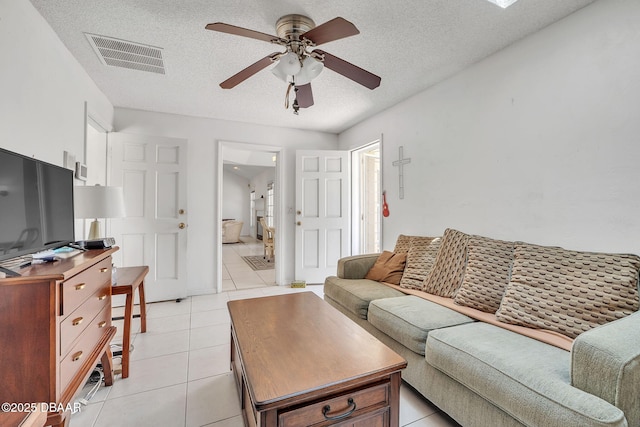 160 Big Ben Dr, Daytona Beach, FL 32117 - living room featuring a textured ceiling, ceiling fan, visible vents, and light tile patterned floors
