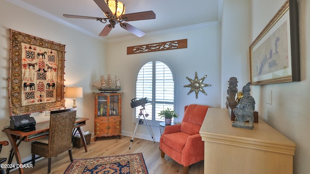 office space featuring crown molding, ceiling fan, and light hardwood / wood-style floors