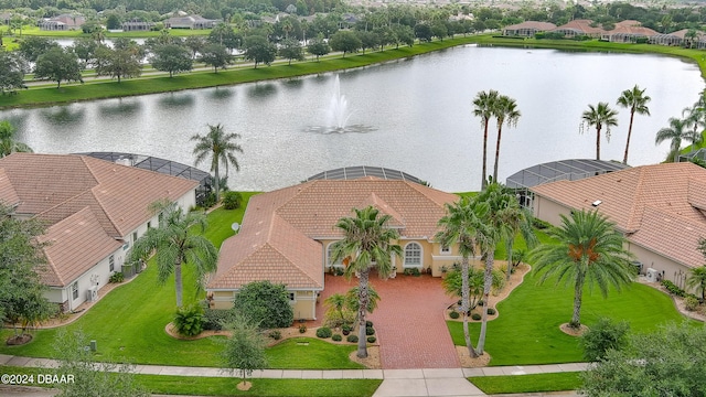 aerial view featuring a water view