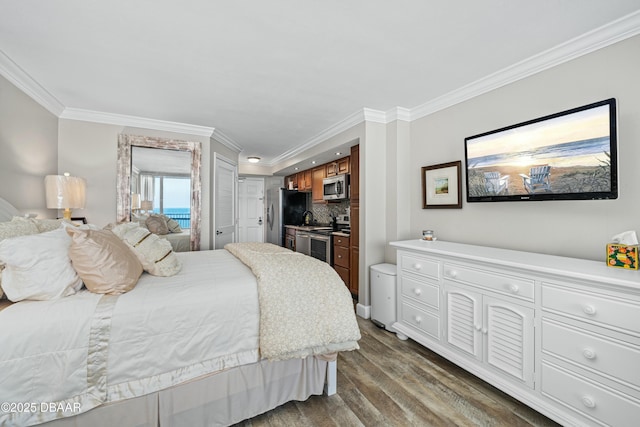 bedroom featuring stainless steel fridge, ornamental molding, and dark hardwood / wood-style floors