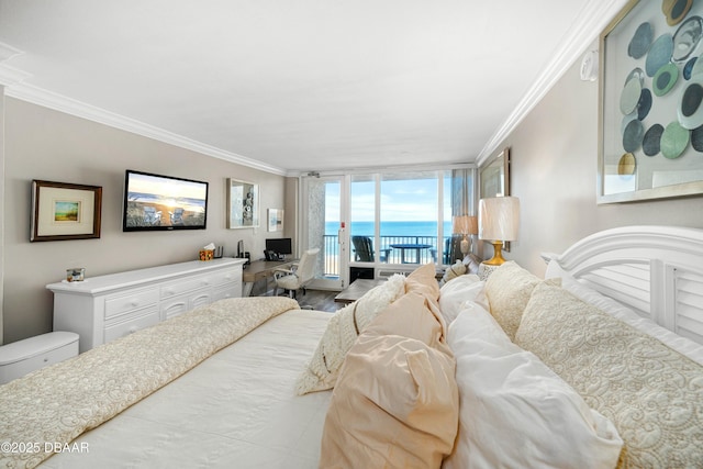 bedroom featuring expansive windows, ornamental molding, access to outside, and light hardwood / wood-style floors