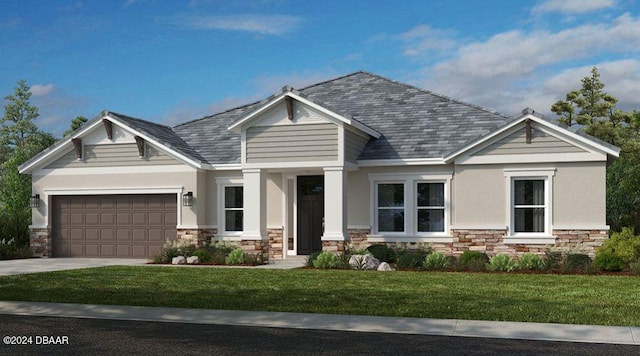 craftsman-style house with a garage and a front lawn