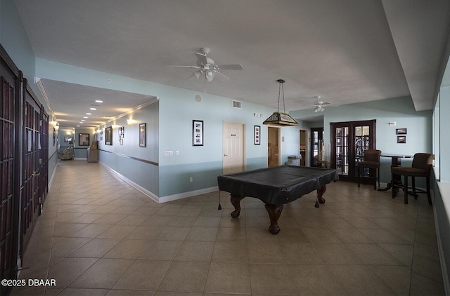 3311 S Atlantic Ave Unit 602, Daytona Beach Shores, FL 32118 - game room featuring a ceiling fan, french doors, baseboards, tile patterned floors, and billiards