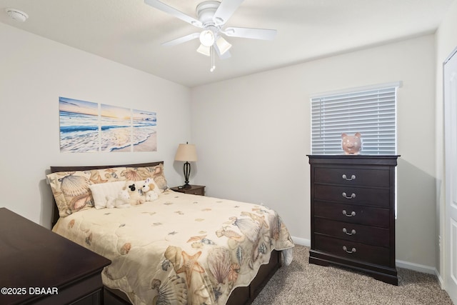 bedroom with ceiling fan and light colored carpet